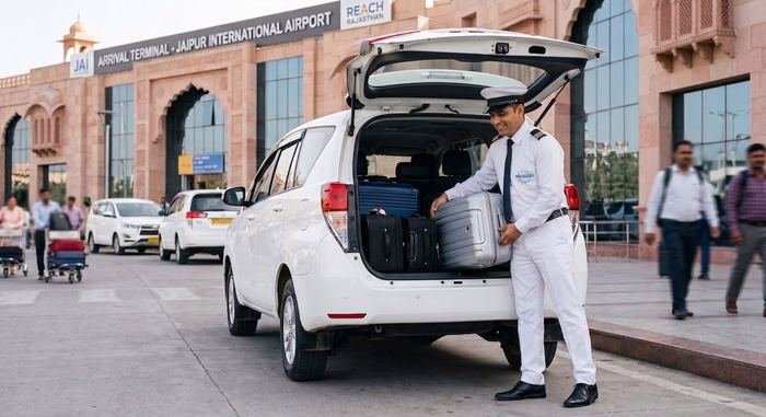 Ruia Travels chauffeur loading luggage into a car at Jaipur International Airport arrival terminal