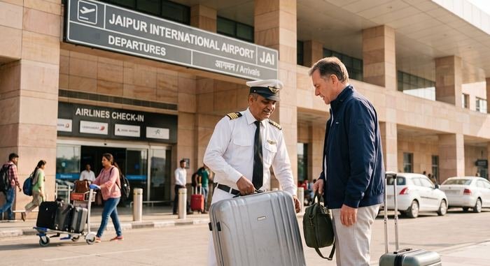 Ruia Travels chauffeur assisting a traveler with luggage at Jaipur International Airport departures