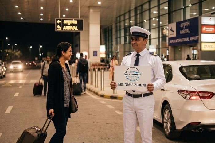 Ruia Travels chauffeur holding a name-board placard at night outside Jaipur International Airport arrivals