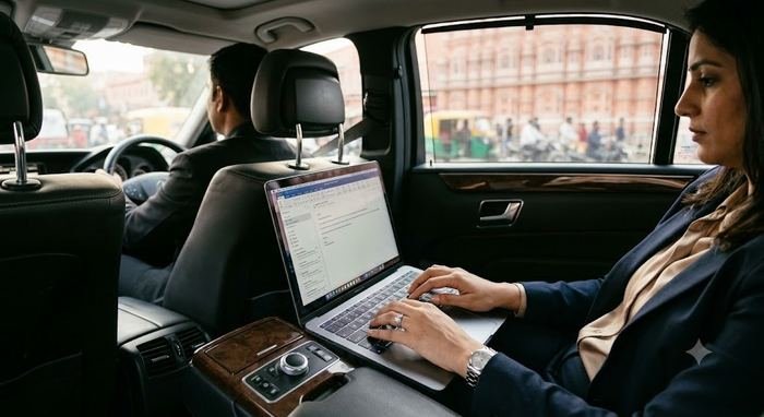 Business executive working on a laptop in the back seat of a Ruia Travels chauffeur-driven car in Jaipur