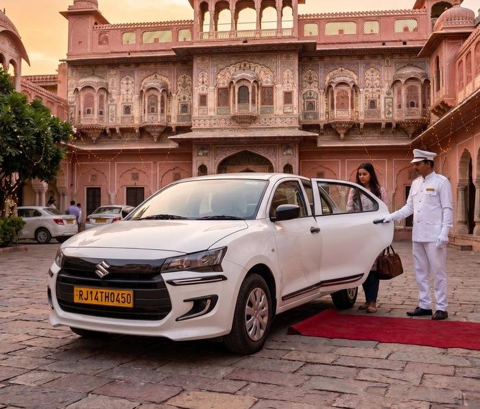 Chauffeur opening the door of a white Maruti Dzire for a guest at a Jaipur palace