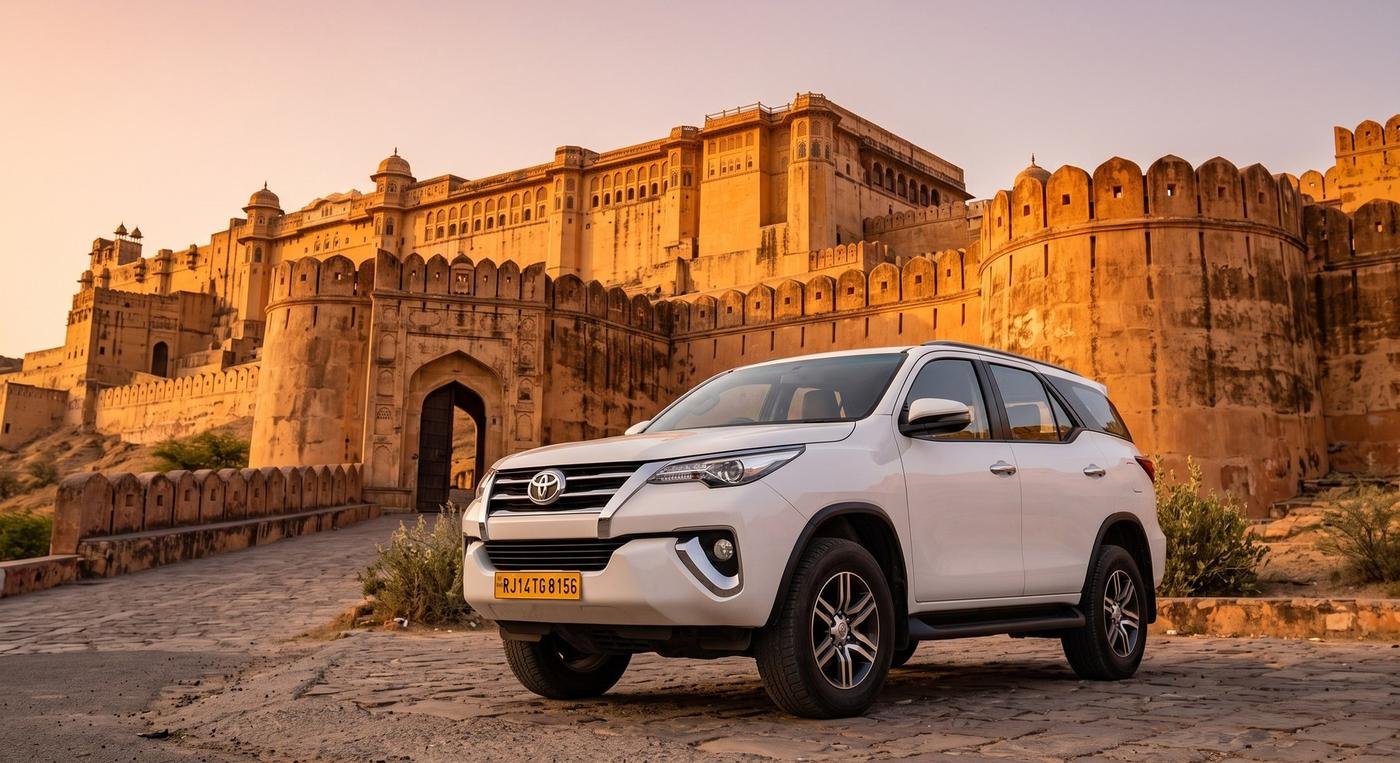 White Toyota Fortuner parked outside Amer Fort in Jaipur at sunset