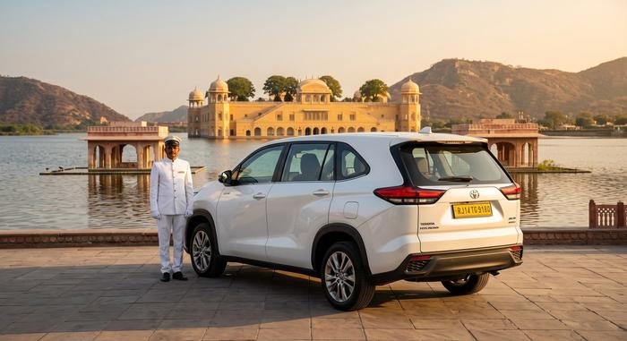 Chauffeur in white uniform standing beside a Toyota Innova HyCross at Jal Mahal in Jaipur