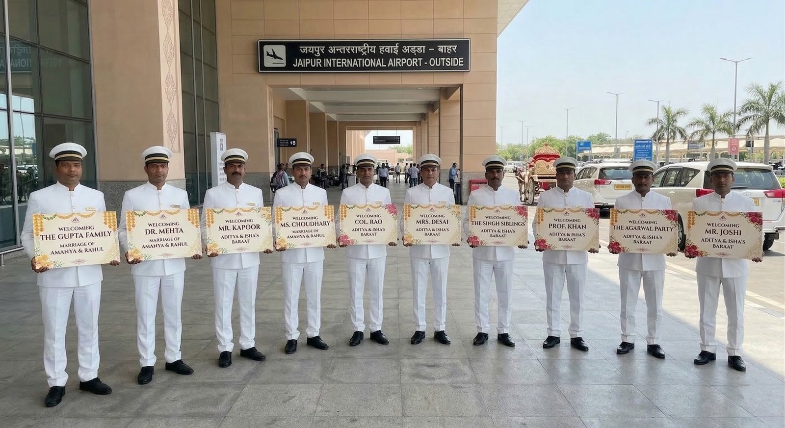 Ruia Travels chauffeurs welcoming a wedding party at Jaipur International Airport