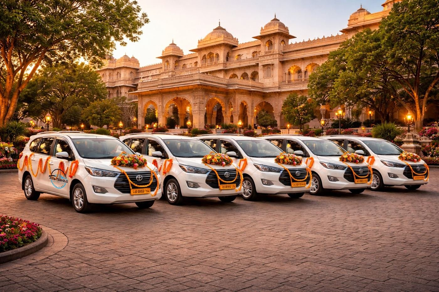 Ruia Travels wedding fleet of garlanded Toyota Innova Crysta cars lined up outside a Jaipur palace venue at sunset
