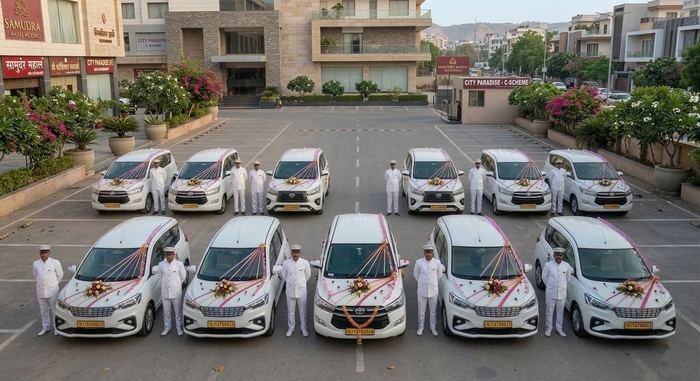 Uniformed Ruia Travels chauffeurs standing beside a decorated wedding fleet at a Jaipur venue